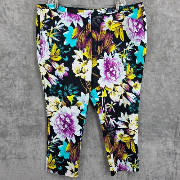 Worthington Slim Fit Cropped Pants 22W Black Colorful Floral Work Dressy Cotton - Picture 11 of 11